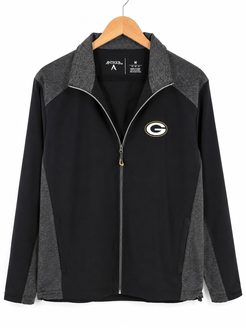 Antigua Black and Gray Full-Zip Performance Jacket with Green Bay Logo